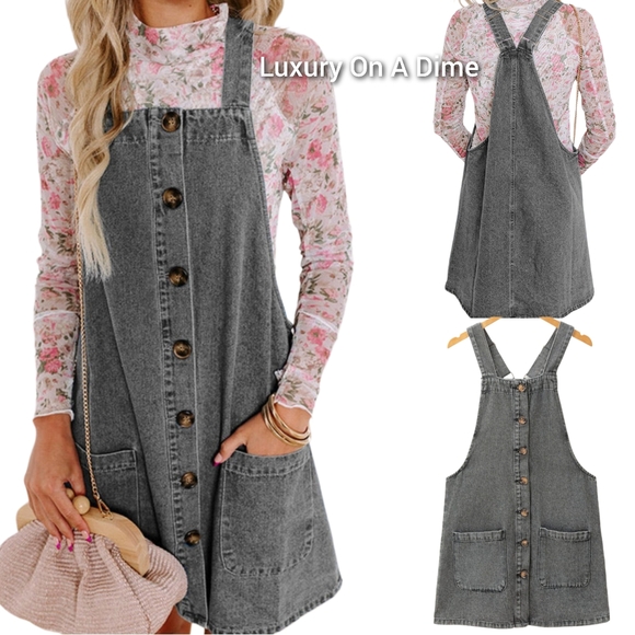 Dresses & Skirts - Retro Denim Overall Mini Dress Patch Pocket Sleeveless Jean Button-Up Romper